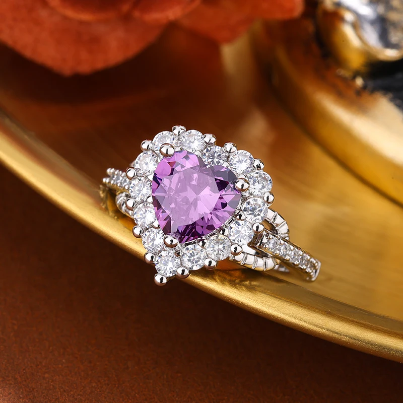 

2025 Purple Heart Ring With Sparkling Zircon, Adjustable Open Band Jewelry For Women, Dainty Love Gift Purple 925 Silver Plated