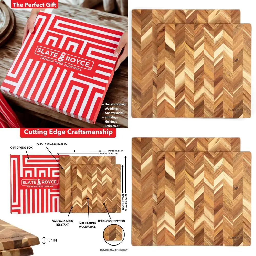 

Set of 2 Acacia Wood Herringbone Cutting Boards - Large & Small Square Charcuterie Boards with Serving Tray & Gift Box