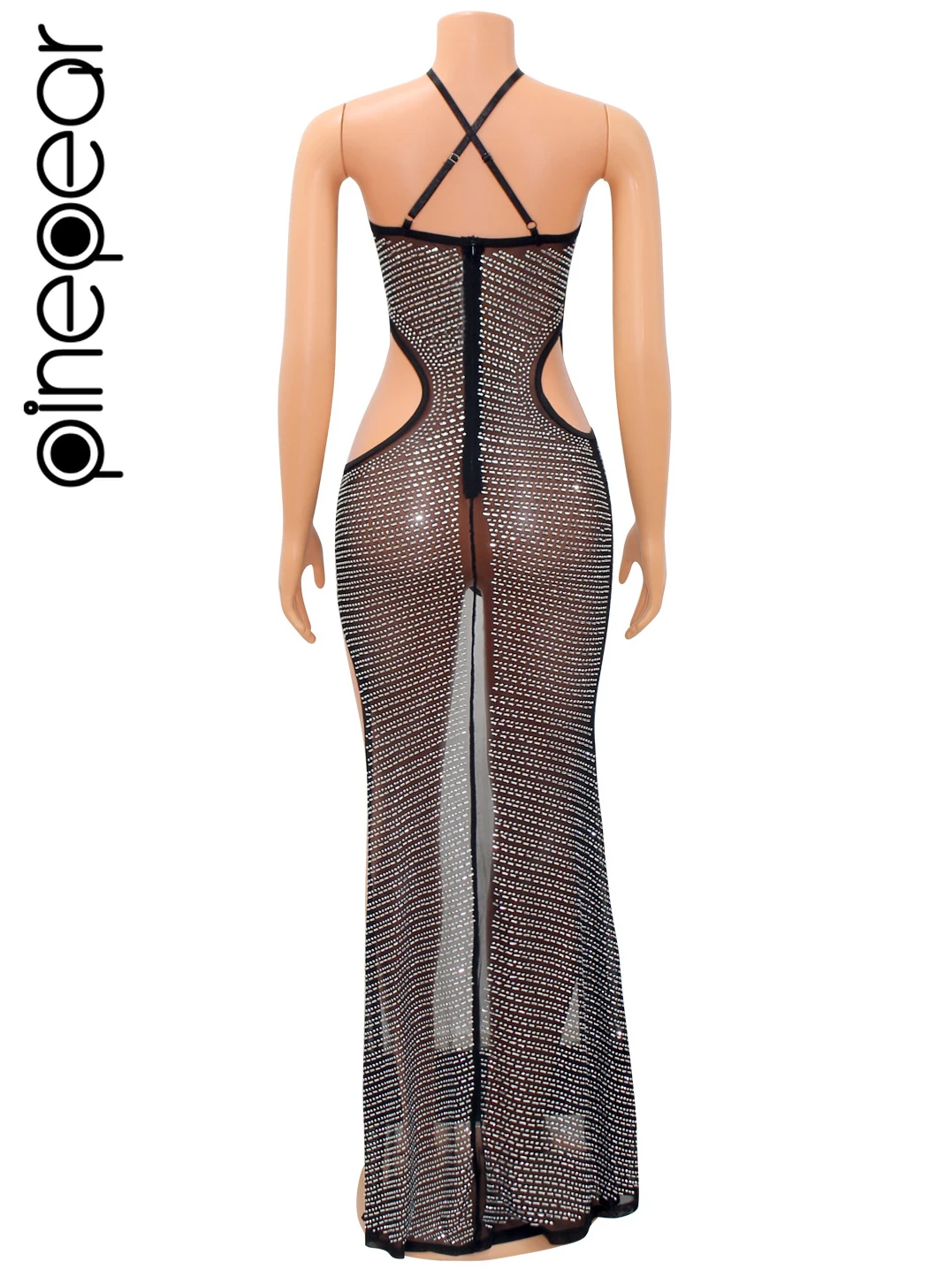 PinePear Hollow Out High Split Diamond Bodycon Maxi Dress Women Sexy Sheer Mesh Night Party Criss-Cross Backless Long Dress 2024