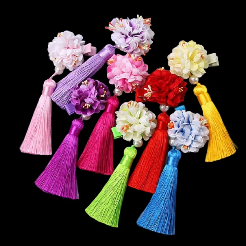 1pair Girls Hair Clips Chinese New year hanfu Traditional Princess Tassels peony Flower Hairpins Children Kids Hair Accessories