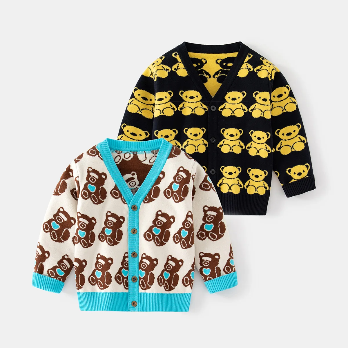 Boys Casual Cartoon Bear Warm Knitted V-neck Cardigan Sweater Coat Kids Knitwear Children's Autumn Winter Sweaters Cardigans