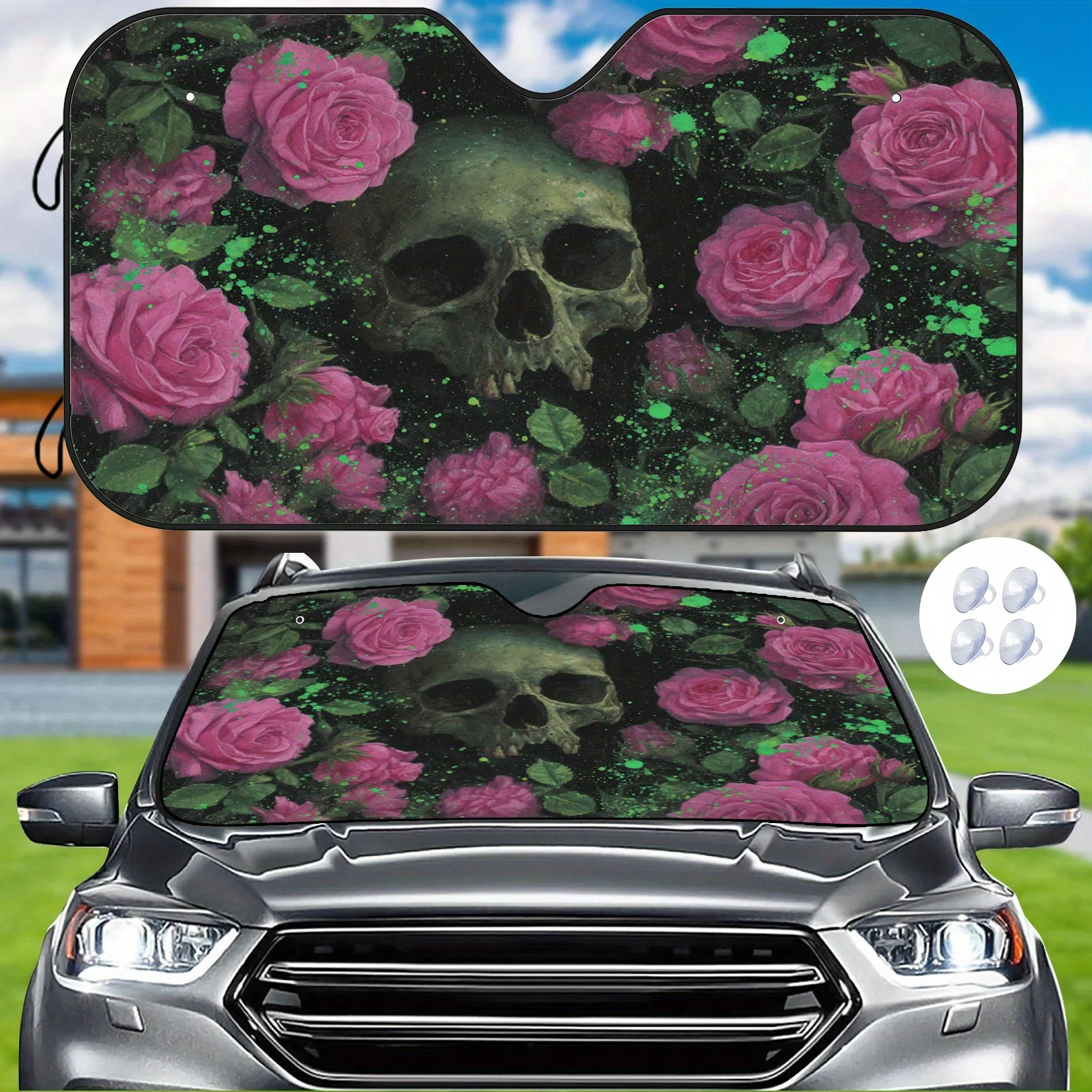 Skull Rose Art Car Sunshade, Unique Illustration Style, Heat Insulation And Scratch Resistance, Maintains Interior Temperature,