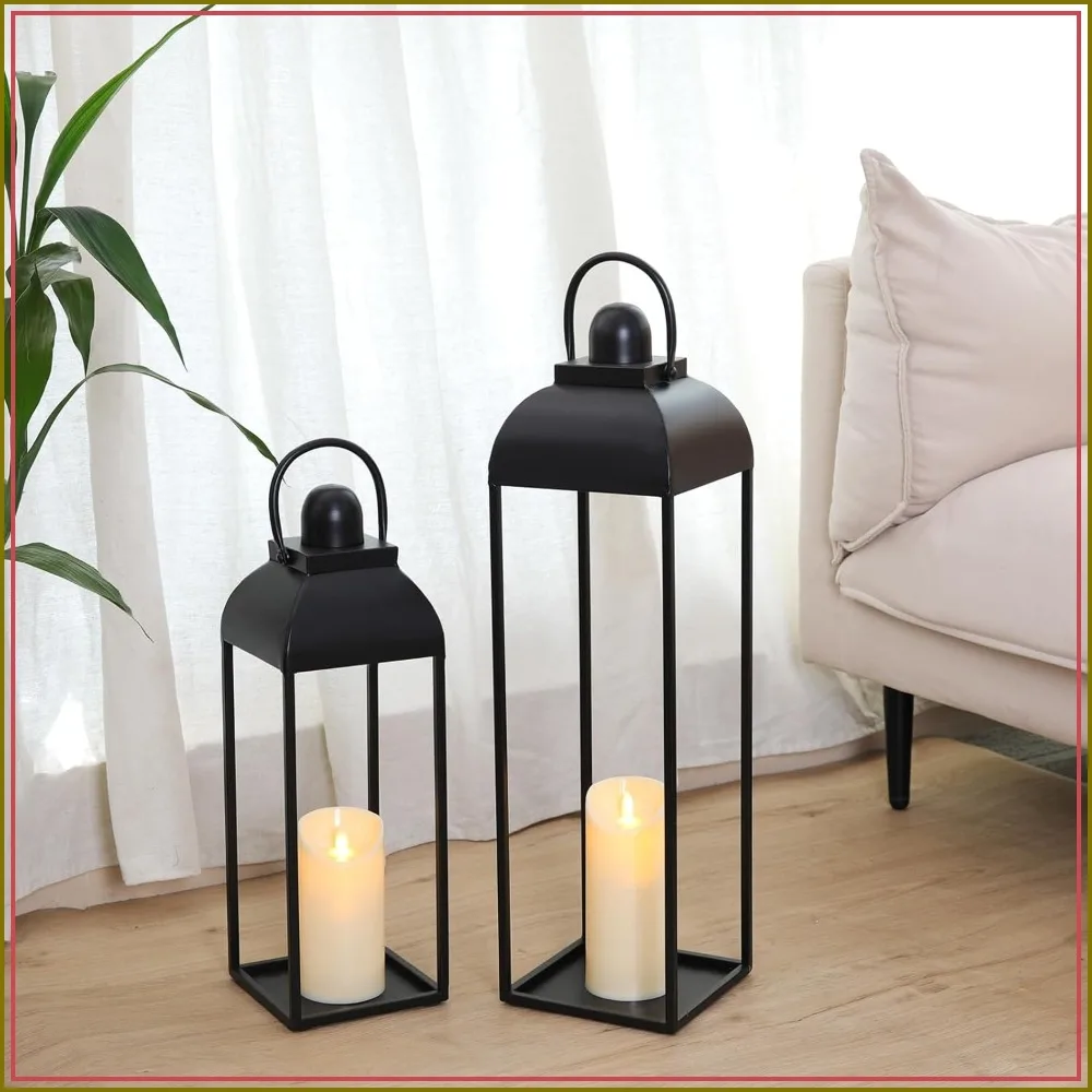 

25" 19" Black Metal Outdoor Candle Lanterns Set of 2, Modern Farmhouse Decorative for Fireplace Patio Porch Floor Christmas
