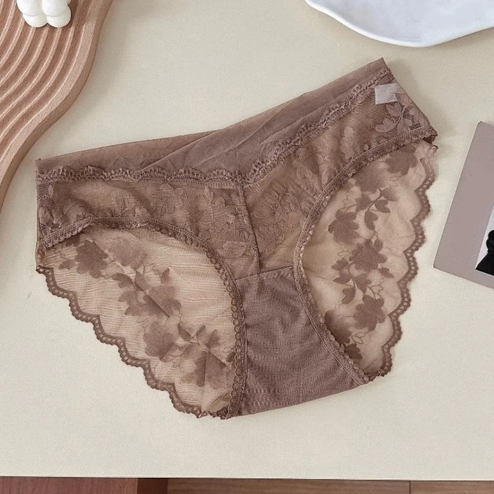 

Sweet Mesh Lace Flower Panties Low Waist Transparent Lace Briefs Breathable Women Underwear Gifts