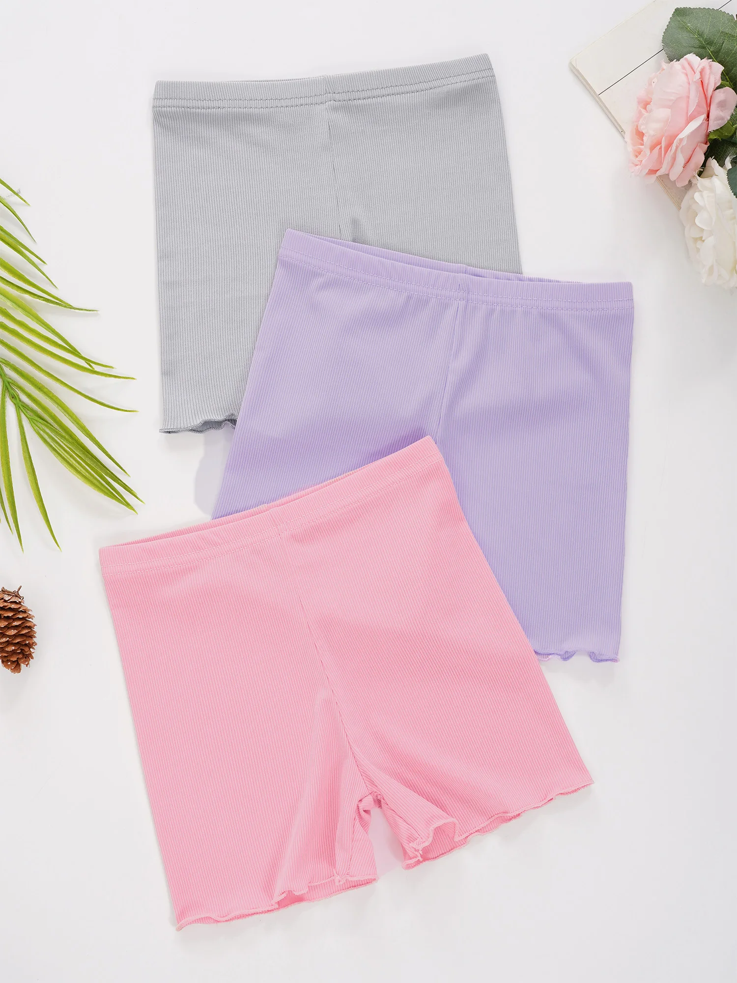 3Pcs/Set Summer Kids Girls Shorts Solid Color Elastic High Waist Ribbed Short Pants Underwear Nightwear Casual Clothes Homewear