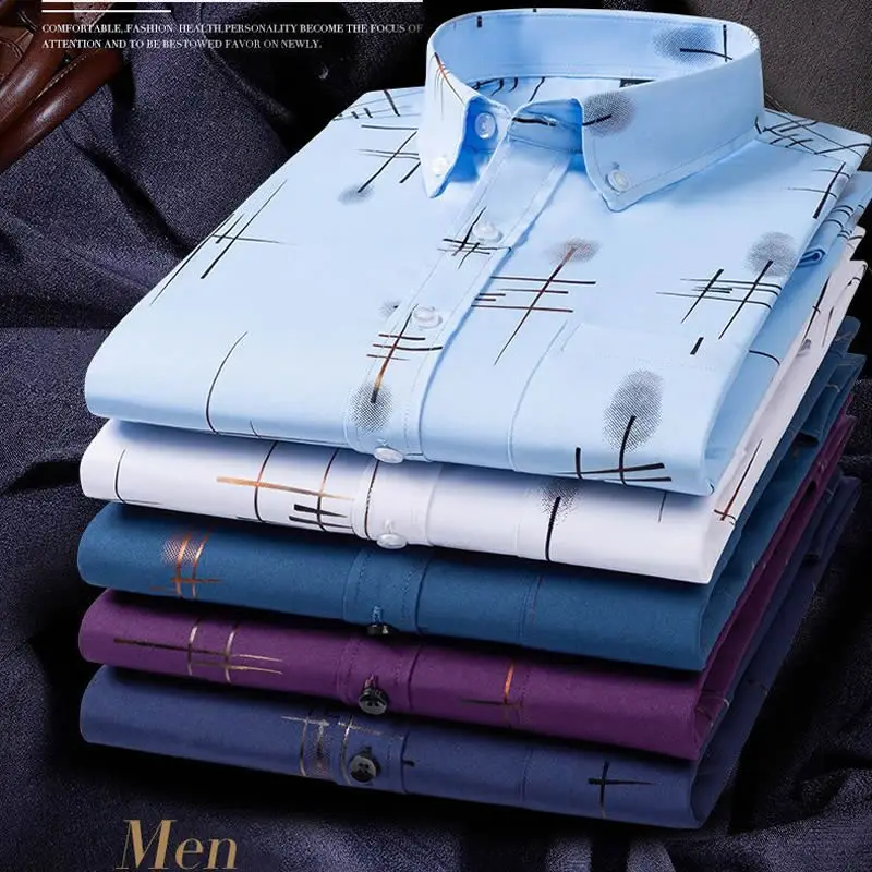 Men\'s Printed Dress Shirt Long Sleeve Casual Business Breathable Non-iron Fashion Plaid Blue White Slim Fit Korean chemise homme