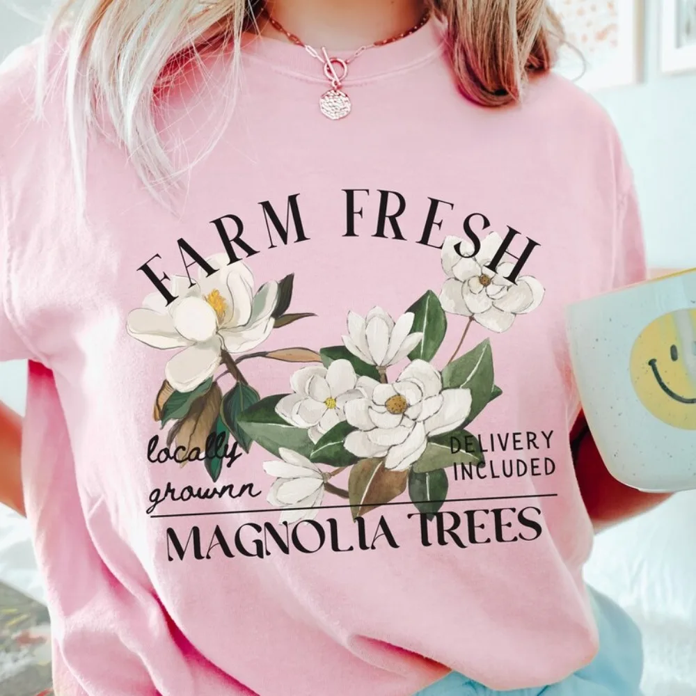 Magnolia Shirt Magnolia Trees Women Tshirt Farm Fresh Tee Farmhouse Southern Summer Tops Flower Farmers Market Cotton T-Shirt