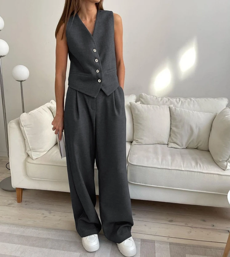 Two Piece Set Women Outfit Spring Versatile V-Neck Sleeveless Vest & Casual High Waist Pocket Design Wide Leg Pants Set