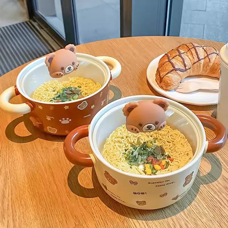 Kawaii Bear Jumbo Ramen Bowl With Lid Kitchen Tableware Cute Japanese Ceramics Instant Noodles Fruit Salad Soup Bowl Gift 750ml