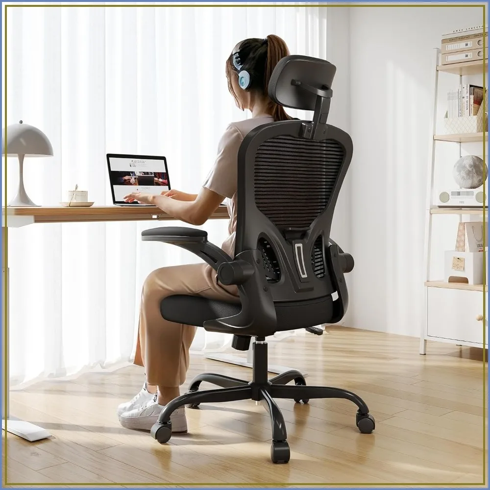 Ergonomic Office Chair 330LBS High Back Desk Chair with Flip-up Armrests, Breathable Mesh, Adjustable Headrest, Black
