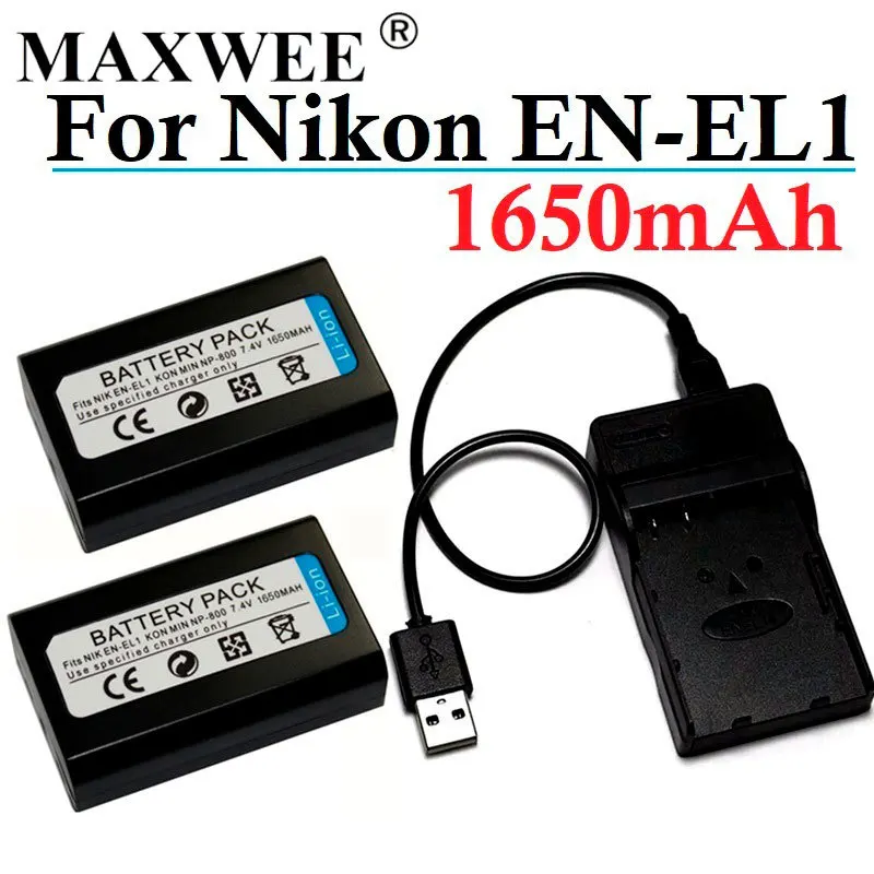 MaxWee EN-EL1 ENEL1 EN EL1 Battery 1650mAh and Charger For Nikon CoolPix 4300 5400 8700 500 775 880 885 990 995 Camera Bateria