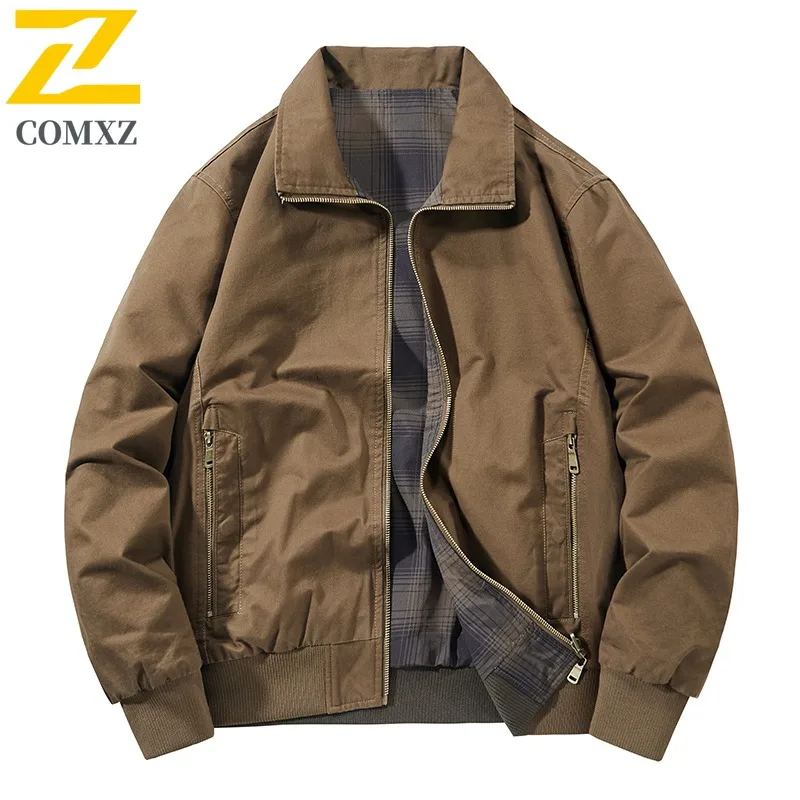 

COMXZ Spring New Two Sides Wear Washed Jacket Men Casual Turn Down Collar Coat Spring Two Sides Wear Big Size Loose Jacket 2025