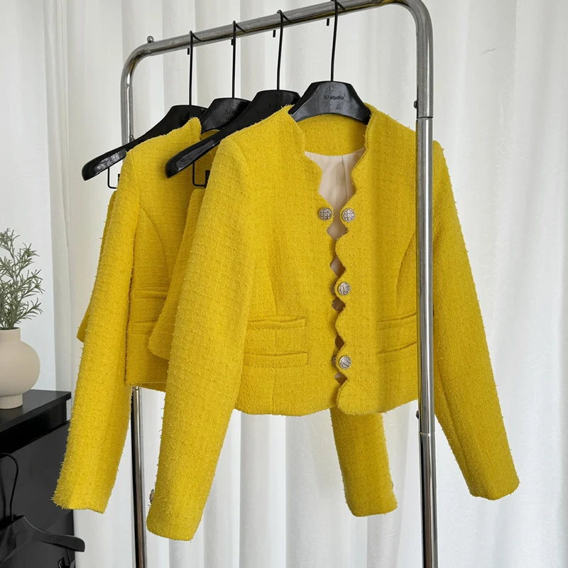 Piccola fragranza Lady Fashion Yellow Tweed giacca corta cappotto per abbigliamento donna 2024 autunno manica lunga capispalla di lana Casual