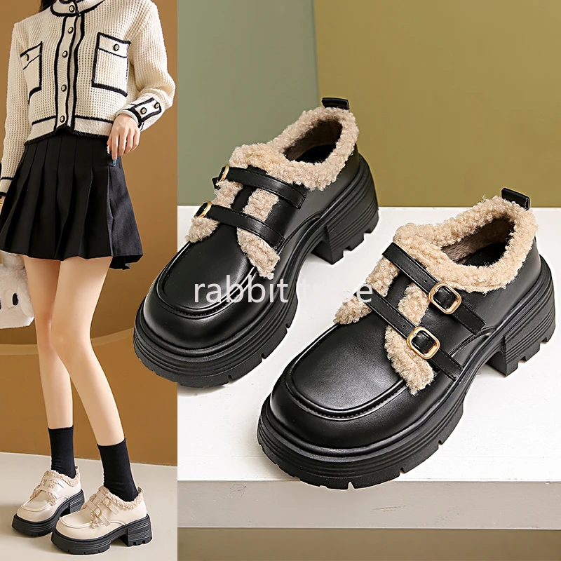 

Winter 2025 New Plush Lined Loafers Women's Retro Chunky Platform Fluffy Leather Shoes Comfortable & Warm Designer Women's Shoes