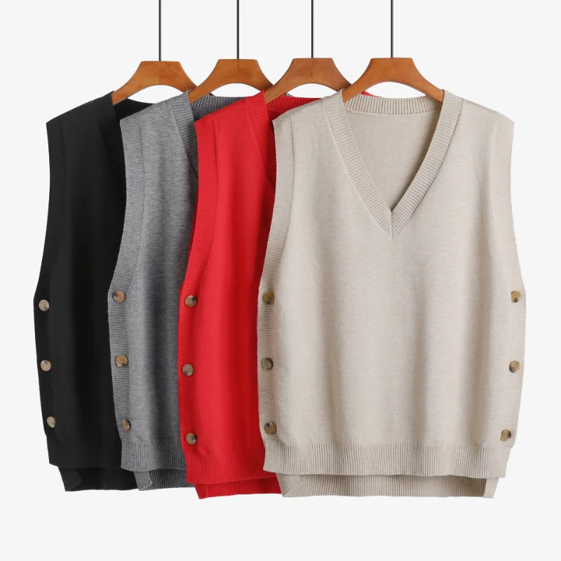 

Autumn New Women's Clothing V-neck All Match Elegant Sweater Vest Buttoned Shoulder College Style Loose Vintage Vest