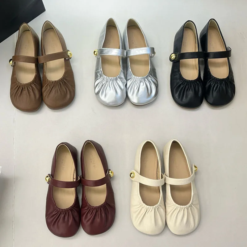 Women Flats Shoes Fashion Shallow Buckle Ladies Soft Shoes Autumn Pleated Elastic Belt Sliver Mary Jane Shoes Bean Loafers Mujer