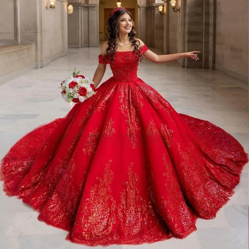 

Red Princess Long Train Quinceanera Dress 2023 Ball Gown Off The Shoulder Corset Pageant Sweet 15 Party Vestidos De XV Años