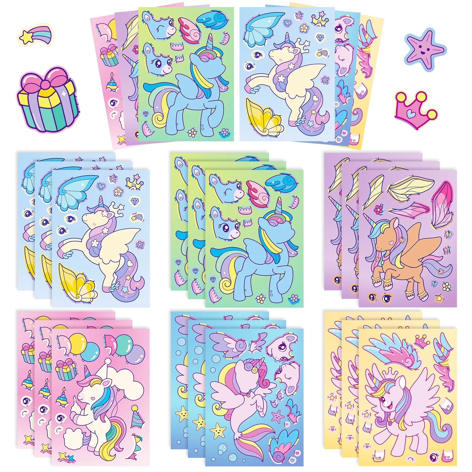 18Sheets Unicorn Sticker DIY Make A Face Stickers Cartoon Kids Gift Flying Unicorn Assembly Stickers Boys Girls Party Gifts