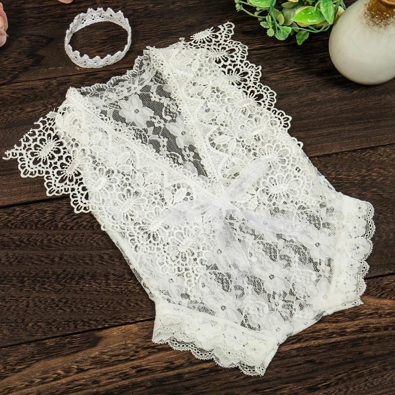 2 Pcs/Set 0-1Month Newborn Photography Props Baby Headband Lace Hollow out Romper Bodysuits Outfit Girl Costume Photo