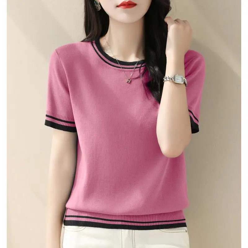 Summer New Contrast Knitting Tops Tees Short Sleeve O-neck Loose Solid Color Elegant T Shirts Vintage Fashion Women Clothing