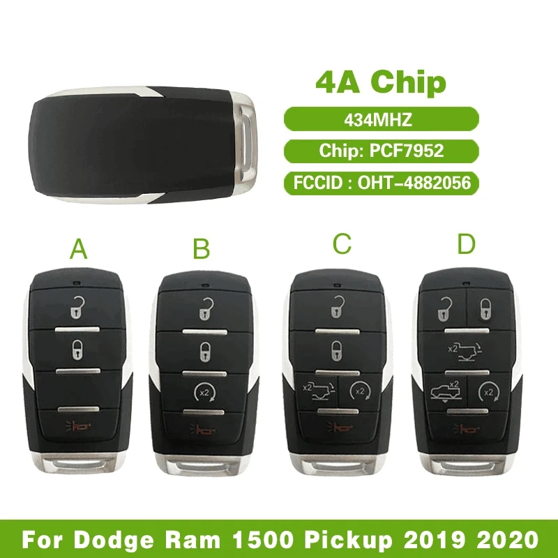 CN087044 Hậu Mãi Chìa Khóa Thông Minh Smart Key Fob Dành Cho Dodge Ram 1500 Bán Tải 2019 2020 Tự Động Điều Khiển Từ Xa FCCID :OHT-4882056 4A Chip