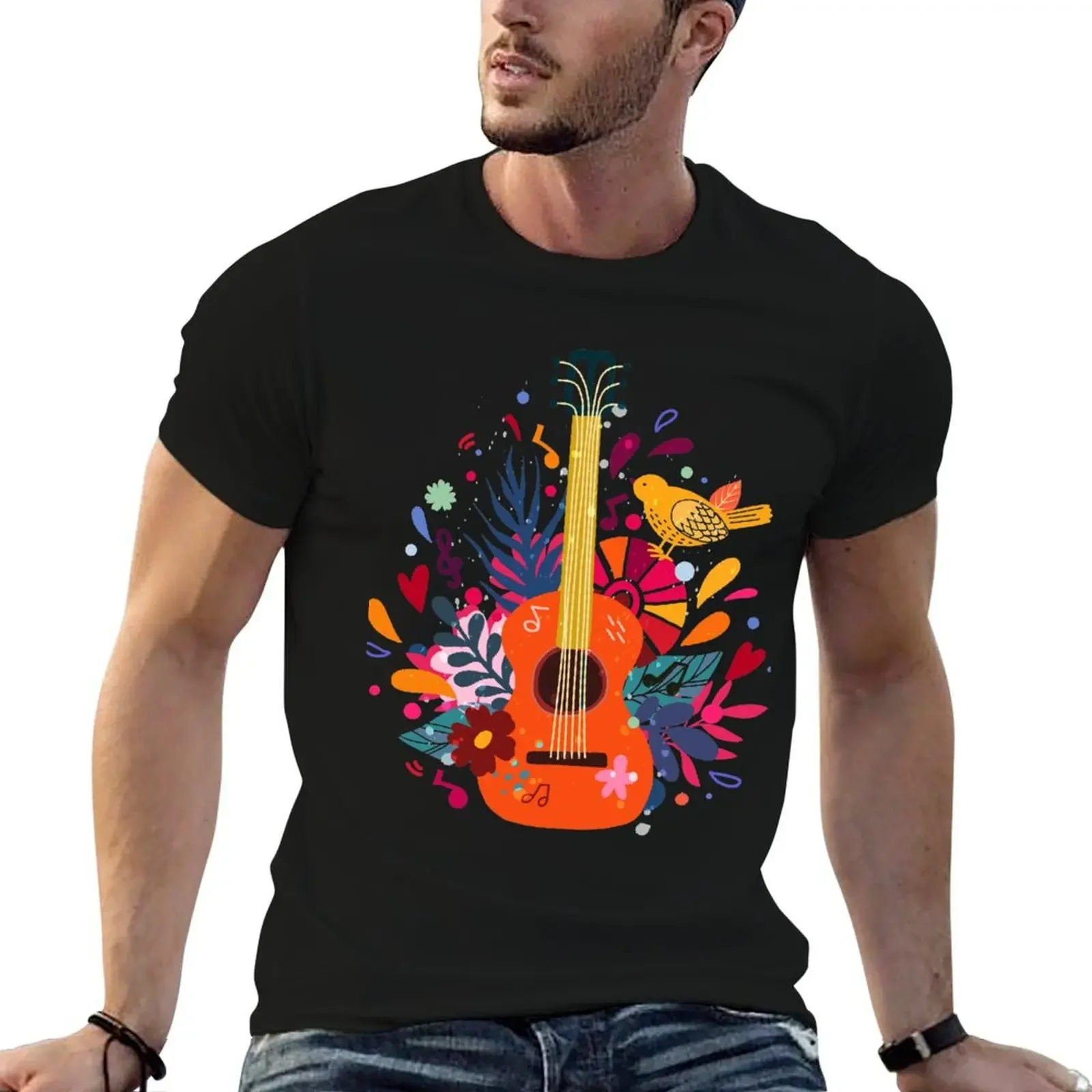 Guitar flat hand drawn vector illustration. Cartoon guitar with flowers and leaves. Rock band performance T-Shirt