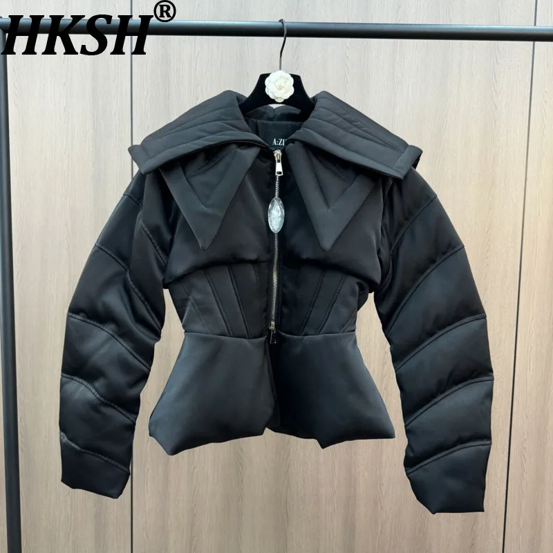 HKSH 2025 شتاء جديد المرأة أسفل معطف بدوره إلى أسفل طوق طويلة الأكمام سستة الخصر Cinching أنيق أنيق سترة منفوخة HK15236