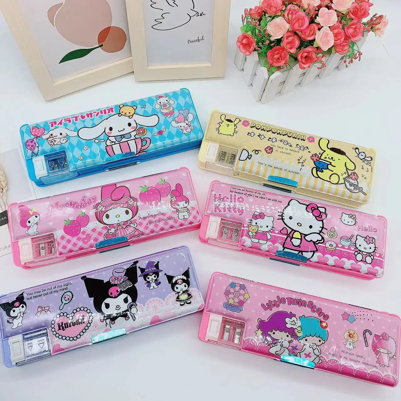 

Sanrio двухсторонняя ручка, ручка, милая мелодия, Kuromi, Hello Kitty, коричная ручка, канцелярская коробка для студентов, карандаш, Искусственная елка 23*8*3 см