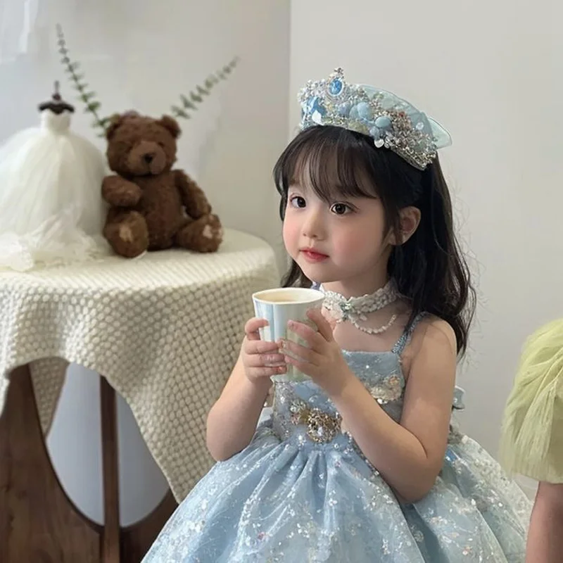 Summer Girls Korea Birthday Lace Blue Cute Shiny Wedding Ball Gown Bow Party Dress Princess Floral Baby Children Lolita Skirts