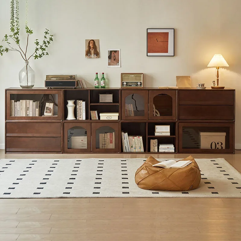 All solid wood module TV cabinet combination low bookcase household walnut simple floor lattice cabinet