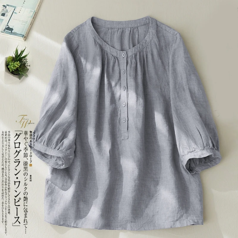 Solid Color Cotton Linen Half Sleeve Half Open Collar Top Women's Spring and Summer New Korean Style Fashion Chic Casual Top