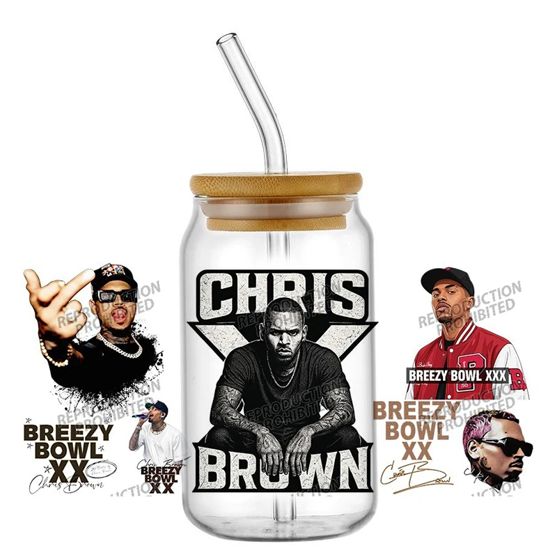Hip Hop Singer Chris Brown UV DTF Cup Wrap Waterproof Cold Transfer Sticker for 16oz Libbey Glass Can DIY Fan Gift Decor