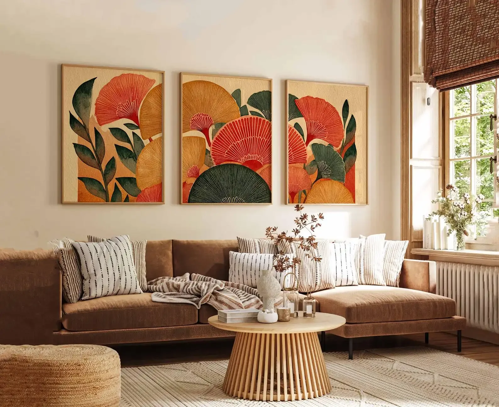 3PCS Large-sized frameless canvas paintings,Retro Floral Wall Art Set of 3, Mid Century Modern Botanical Prints, Warm Earth Tone