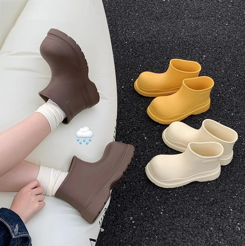 New Solid Waterproof Ankle Rain Boots Women Lightweight EVA Rainshoes Woman Platform Yellow Galoshes Non Slip Chunky Garden Shoe