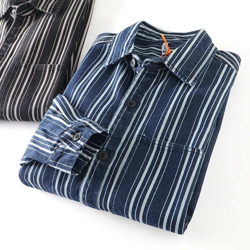 

Japanese Vintage Striped Long Sleeve Shirt for Men Loose-Fit British-Inspired Casual Cotton Shirt Jacket for Spring Autumn