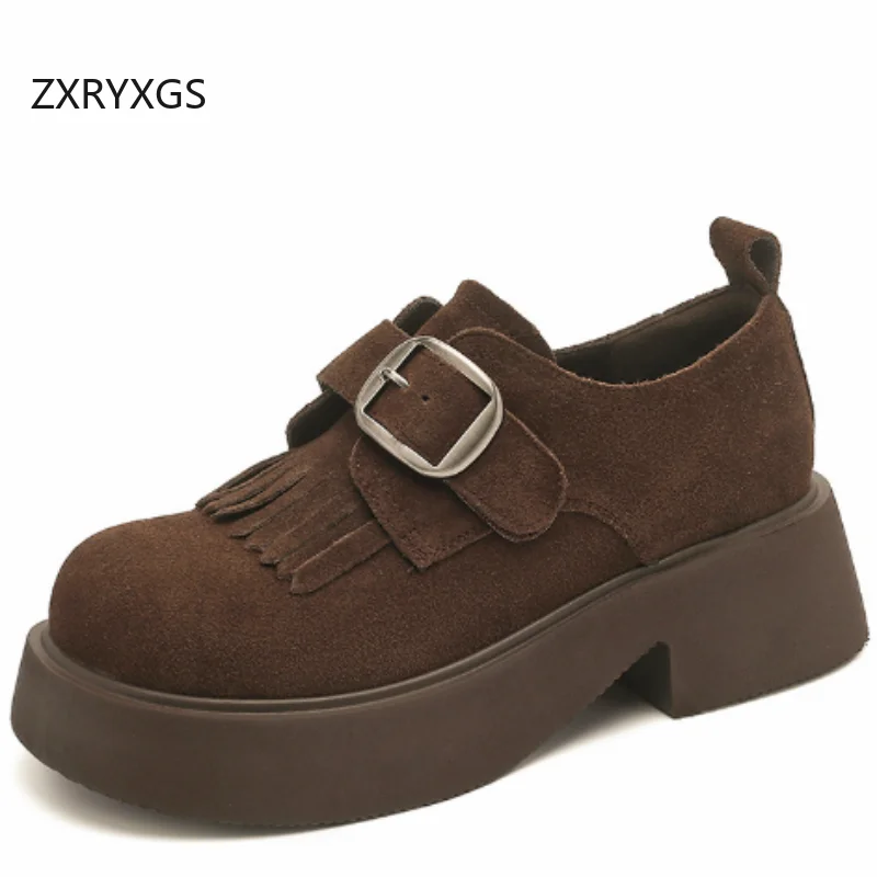 ZXRYXGS Matte Cowhide Full Real Leather Shoes Thick Sole Elevator Shoes Mid Heels Temperament Elegant Versatile Women Shoes 2025