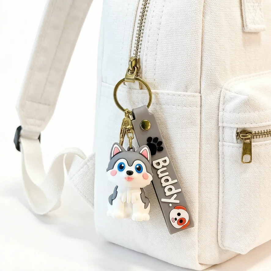 Cute PVC Husky Puppy Keychain Buddy Charm Soft Rubber Dog Figure Backpack Decor Keyring Pendant Funny Animal Lovers Gift