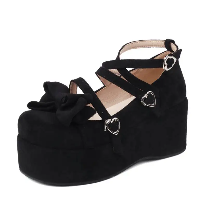 REAVE CAT Lady Pumps Round Toe Wedges Flock Suede Platform Hill 4.5cm Shoes Buckle Strap Bowknot Sweet Daily Big Size 45 46