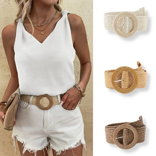 Nuevo cinturón trenzado de paja para mujer, cinturón tejido de paja PP de verano, cinturilla ancha elástica estilo playero, vestido bohemio, cinturón decorativo para vacaciones