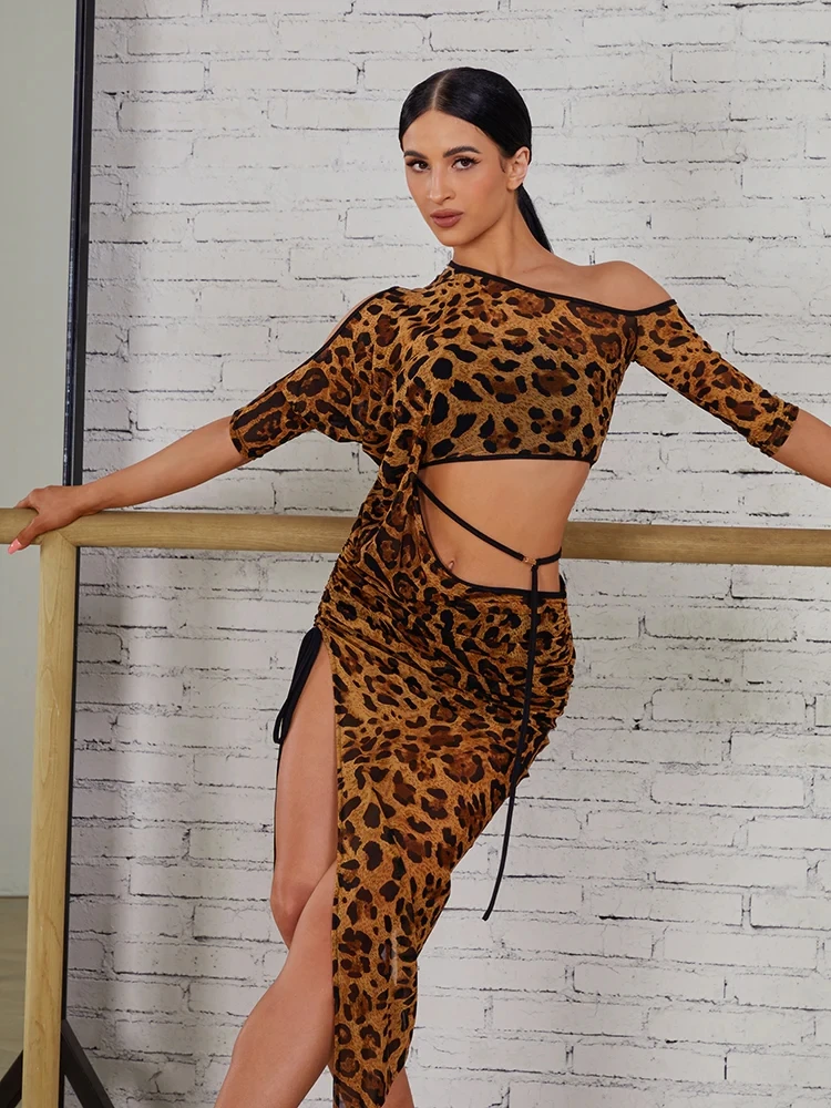 

Latin Dance Leopard Dress with Adjustable Strings Sexy Mesh Metallic Luster Dress #2406