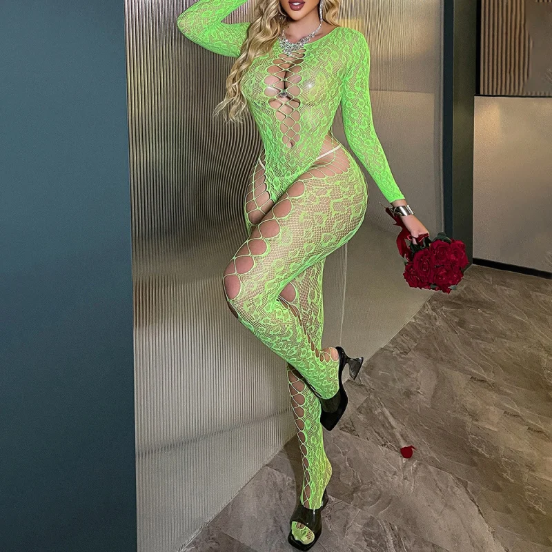 

Pantyhose European and American Long Sleeve Fruit Green Ripped Mesh Hollow Out Backless Tight Bodysuitw850
