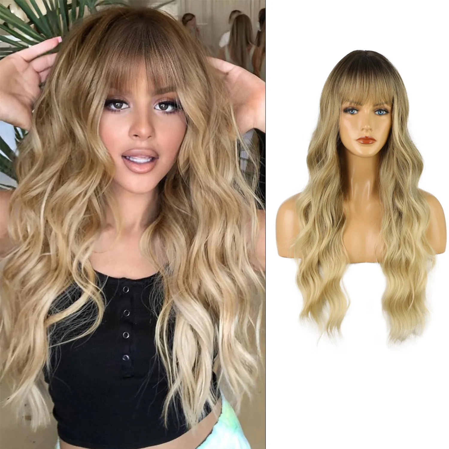 

Wig long curly hair blond bangs wig women full head cover gradual change fashion wave roll