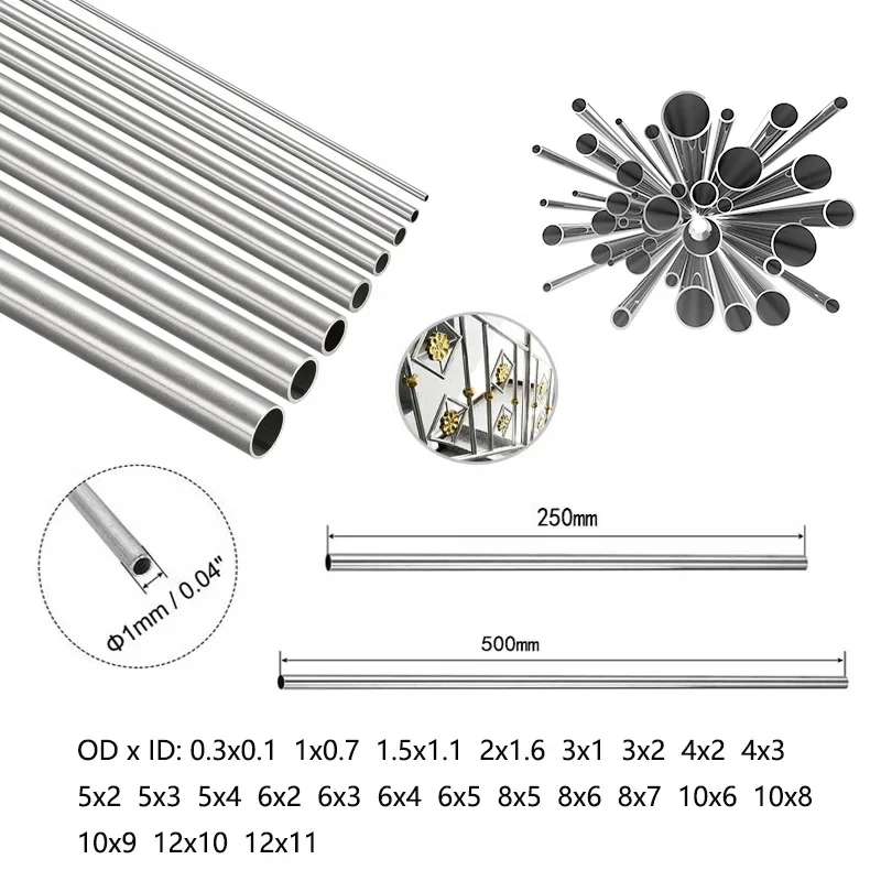 1-10Pc 304 Stainlesss Steel Round Capillary Seamless Straight Tube 4x2mm 8x6mm 13x11mm 14x12mm 10x8mm 16x14mm18x16mm 250mm/500mm