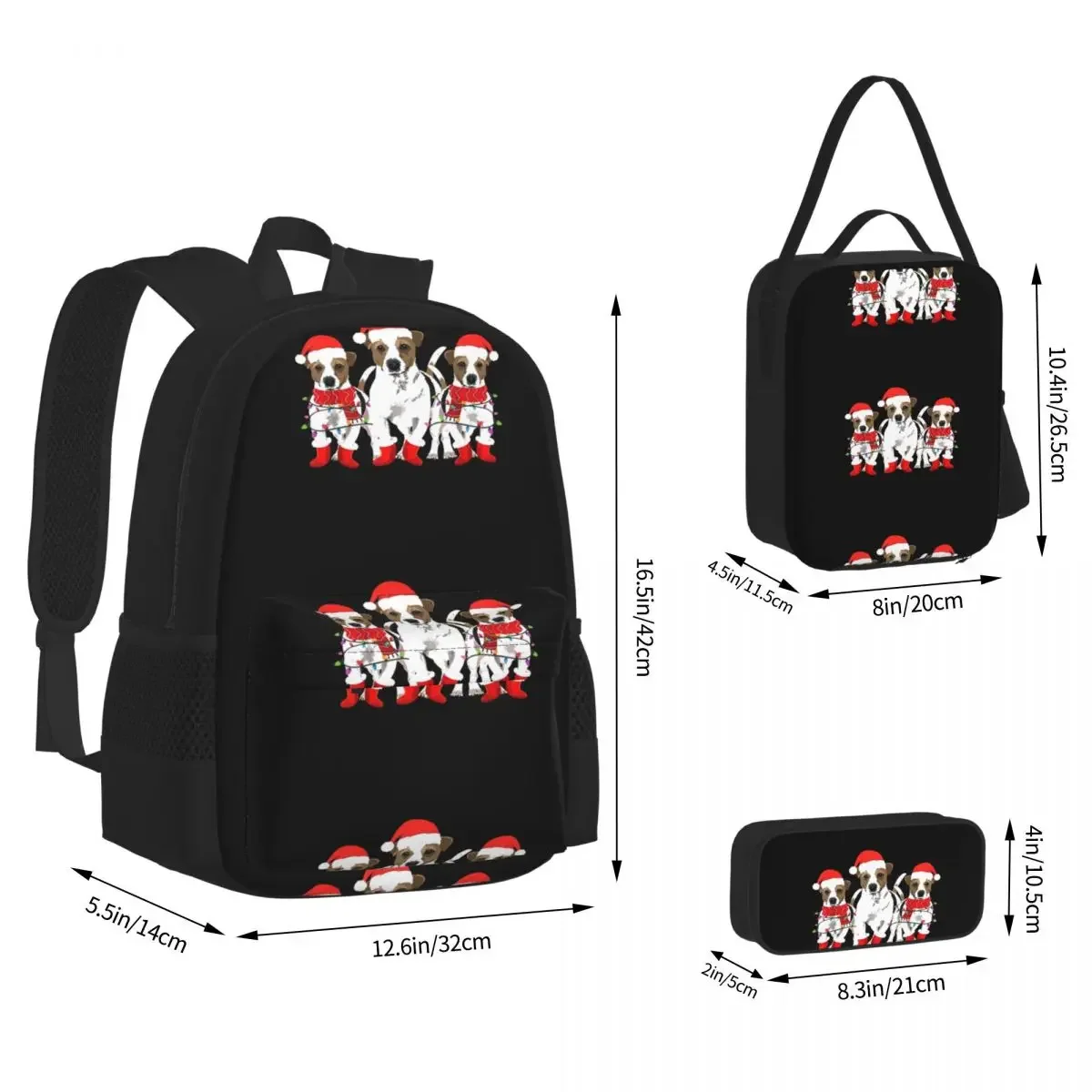 Jack Russell Christmas Santa Dogs Backpacks Boys Girls Bookbag Students School Bags Cartoon Lunch Bag Pen Bag Three-Piece Set