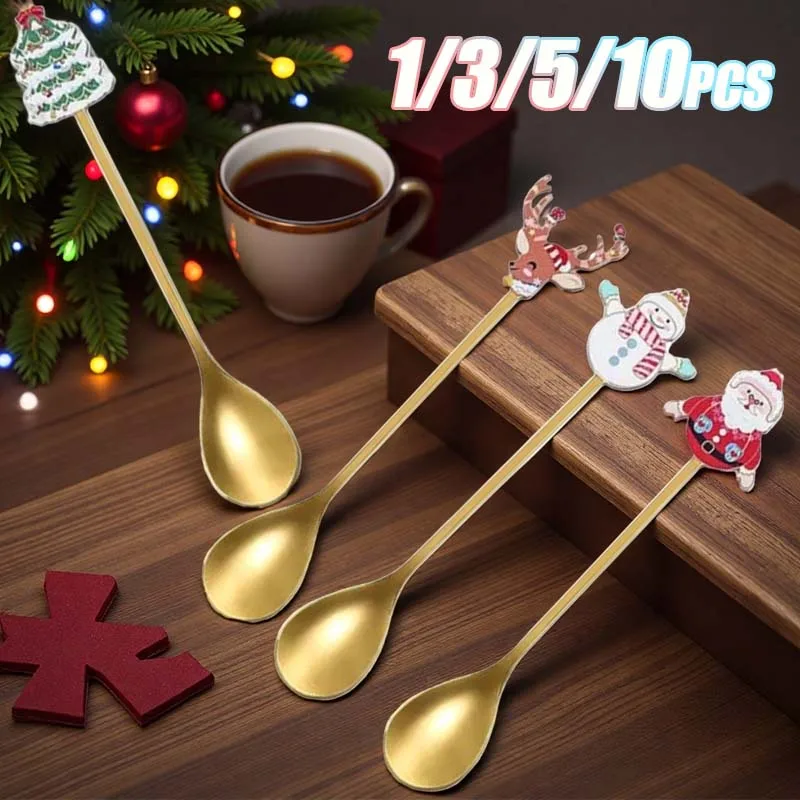 

1-10 шт., рождественские столовые приборы из нержавеющей стали, ложка для перемешивания кофе, десертная ложка Санта-Клауса, кухонная утварь, праздничный подарок, посуда