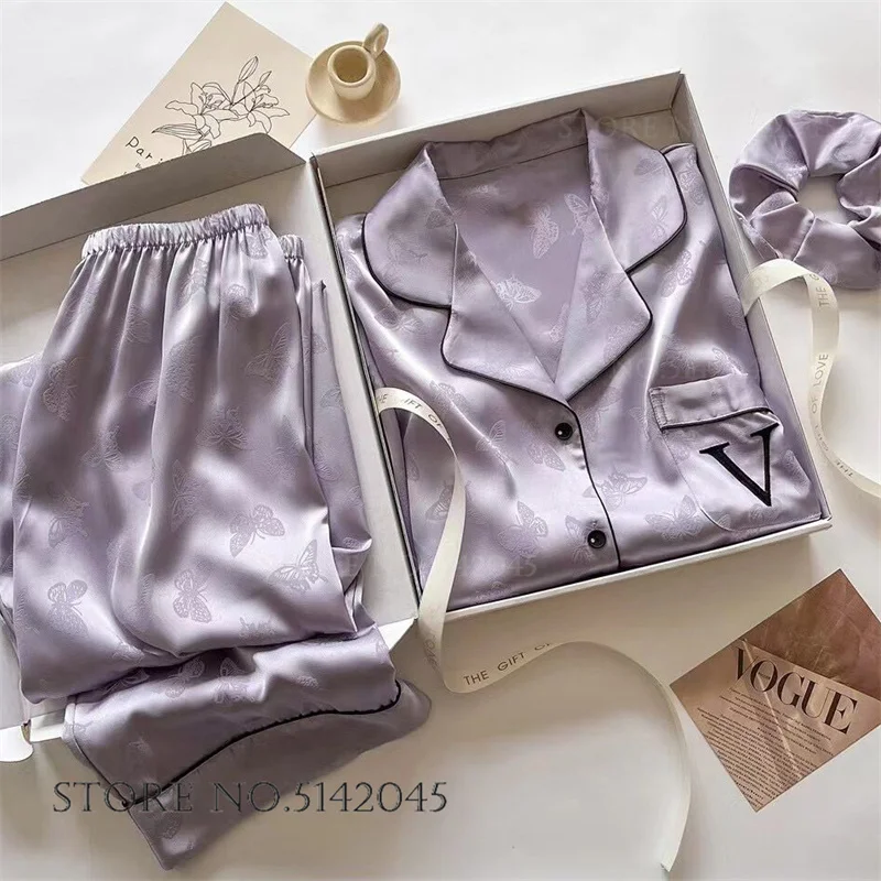 الجاكار فراشة المرأة ملابس خاصة 2 قطعة منامة مجموعة ربيع جديد الحرير الساتان بنطلون الدعاوى ملابس المنزل فضفاضة ملابس غير رسمية #2