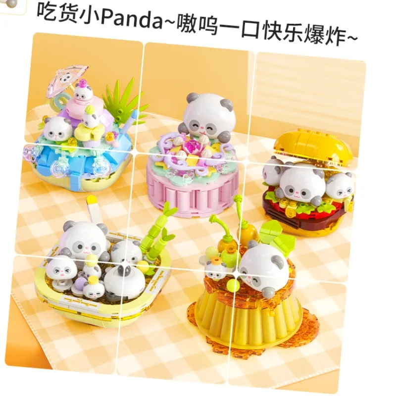 Kawaii Panda Food Small Particle Building Blocks Puzzle Assembly Pudding Smoothie Model Ornaments Toy Collection Gift