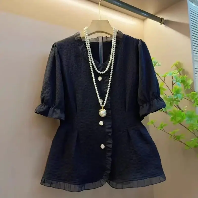 Temperament Lace Patchwork Shirt Tops Office Short Sleeve V Neck Solid All-match Elegant Summer Vintage Fashion Women Clothing