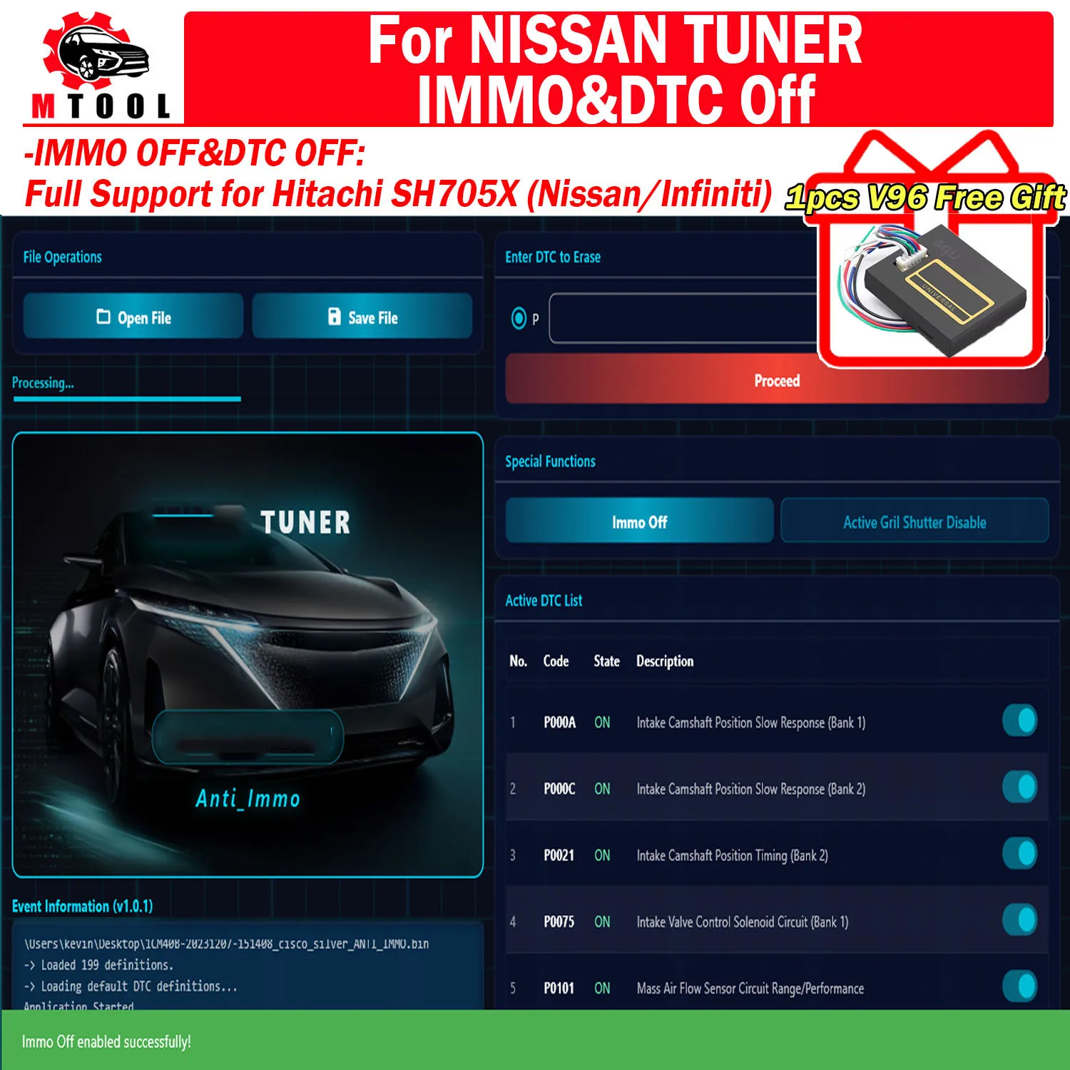 

Для NISSAN TUNER 2026 IMMO OFF для NISSAN, для INFINITI, для HITACHI SH705X 2019-2026 DTC OFF RH850 для Hitachi MPC GEN1 Kline/CAN