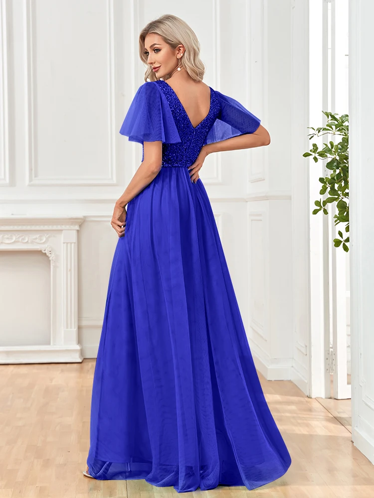 XUIBOL-vestido de noche Formal con lentejuelas azules para mujer, maxivestido de fiesta de malla, cuello en V brillante, manga corta, largo, elegante, 2024